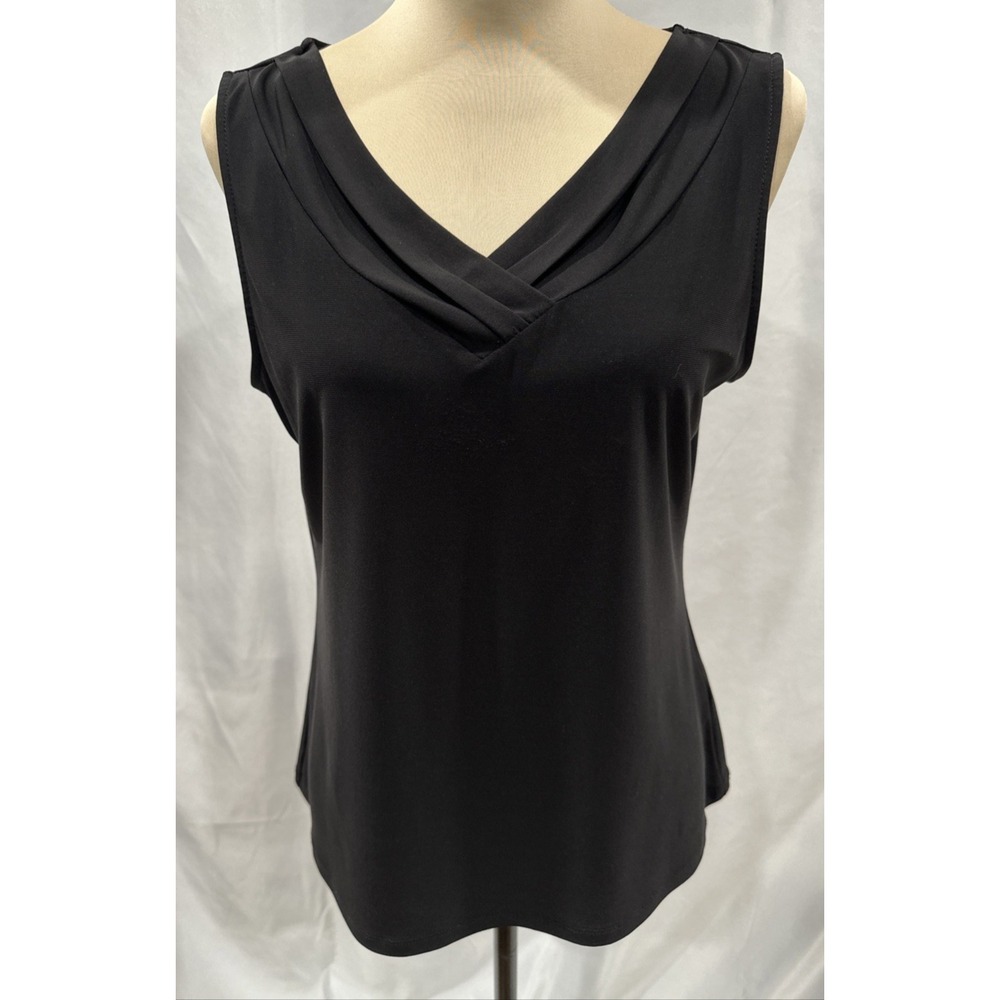 Tahari Arthur S Levine Black Draped V Neck Shell Top Stretch Knit Minimalist Y2K